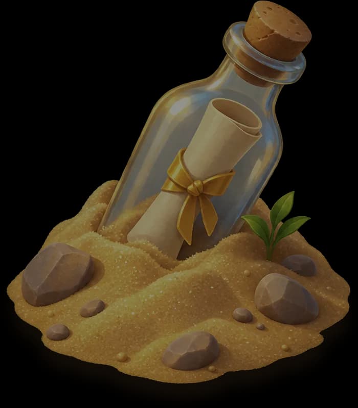 A bottle with a note inside, buried in the sand