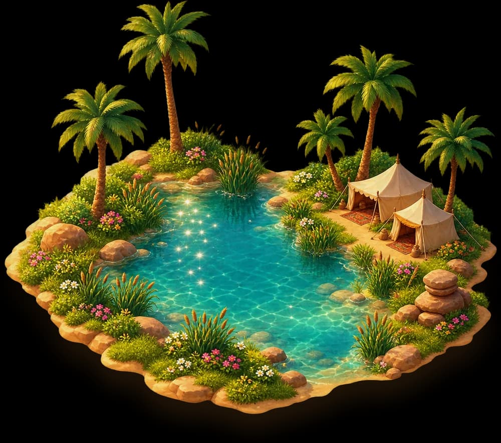 An oasis: palm trees, a clear pond and tents